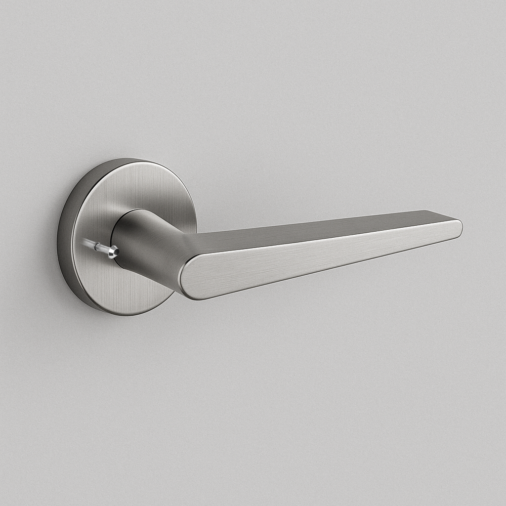 Satin stainless steel AHI 135 door lever, an angular flat lever on a round rose.