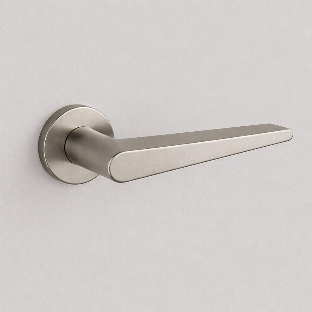 Satin stainless steel AHI 135 door lever, an angular flat lever on a round rose.