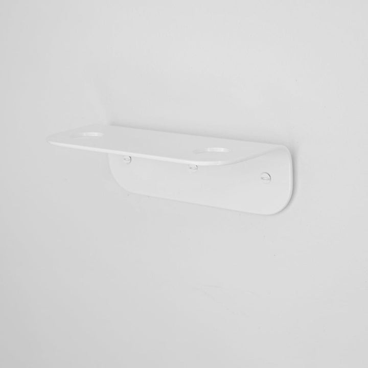 Bende Double Soap Holder in powder coated glossy white mounted on white wall with 3 slot head screws