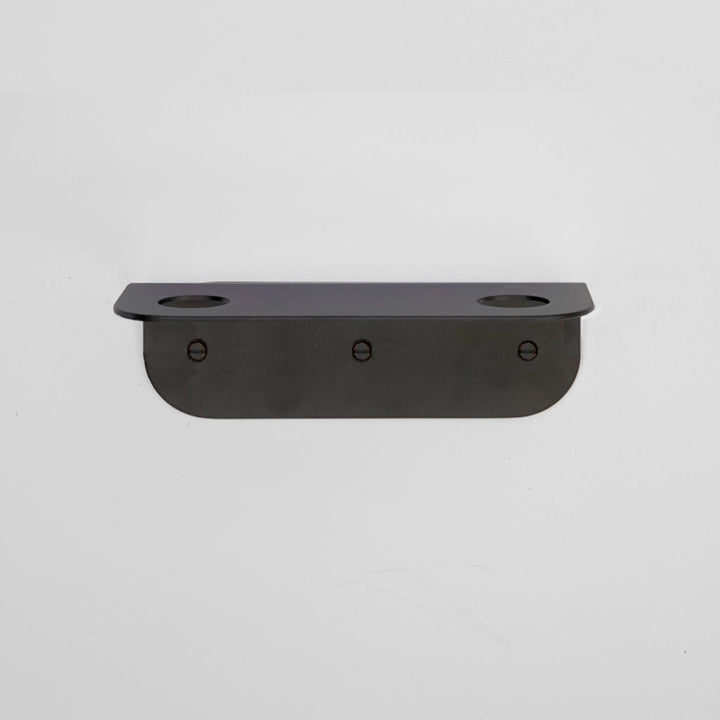 Bende Double Soap Holder in powder coated matte black mounted on white wall with 3 slot head screws