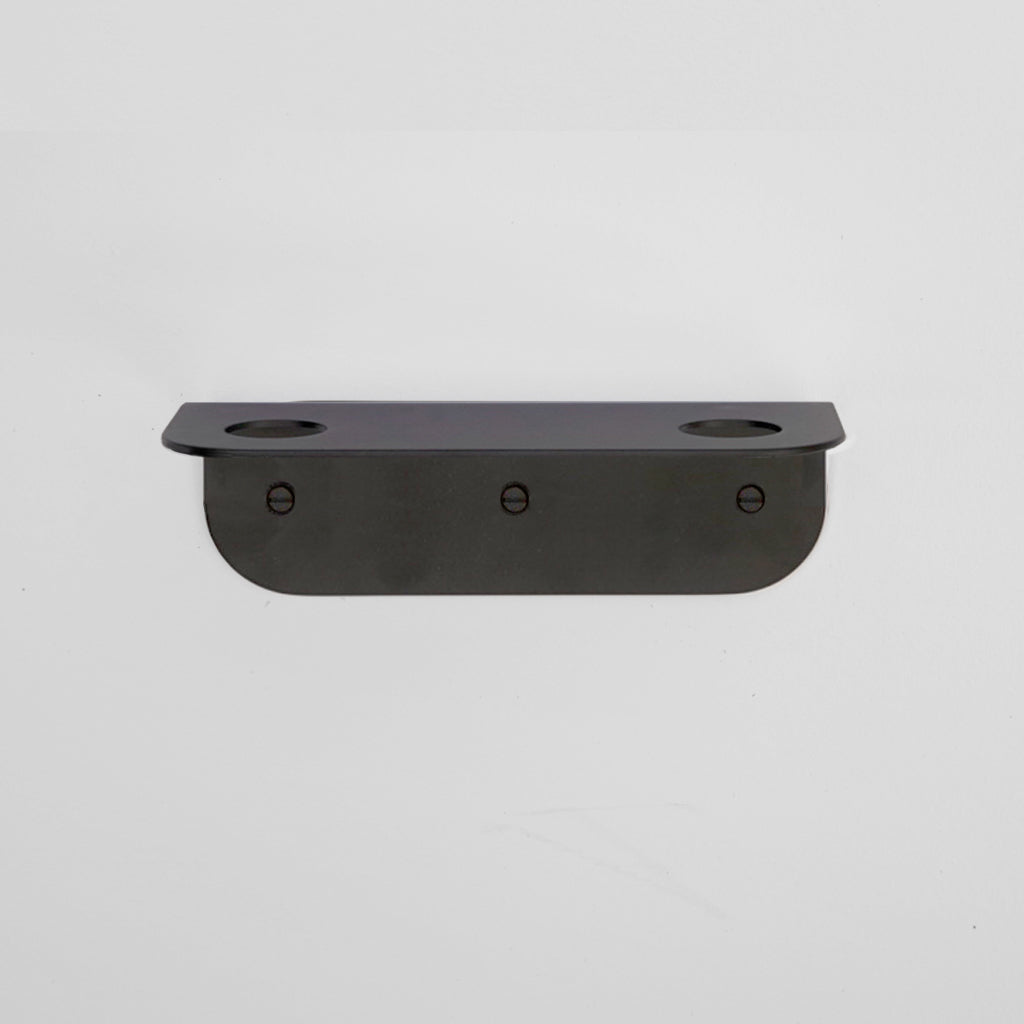 Bende Double Soap Holder in powder coated matte black mounted on white wall with 3 slot head screws