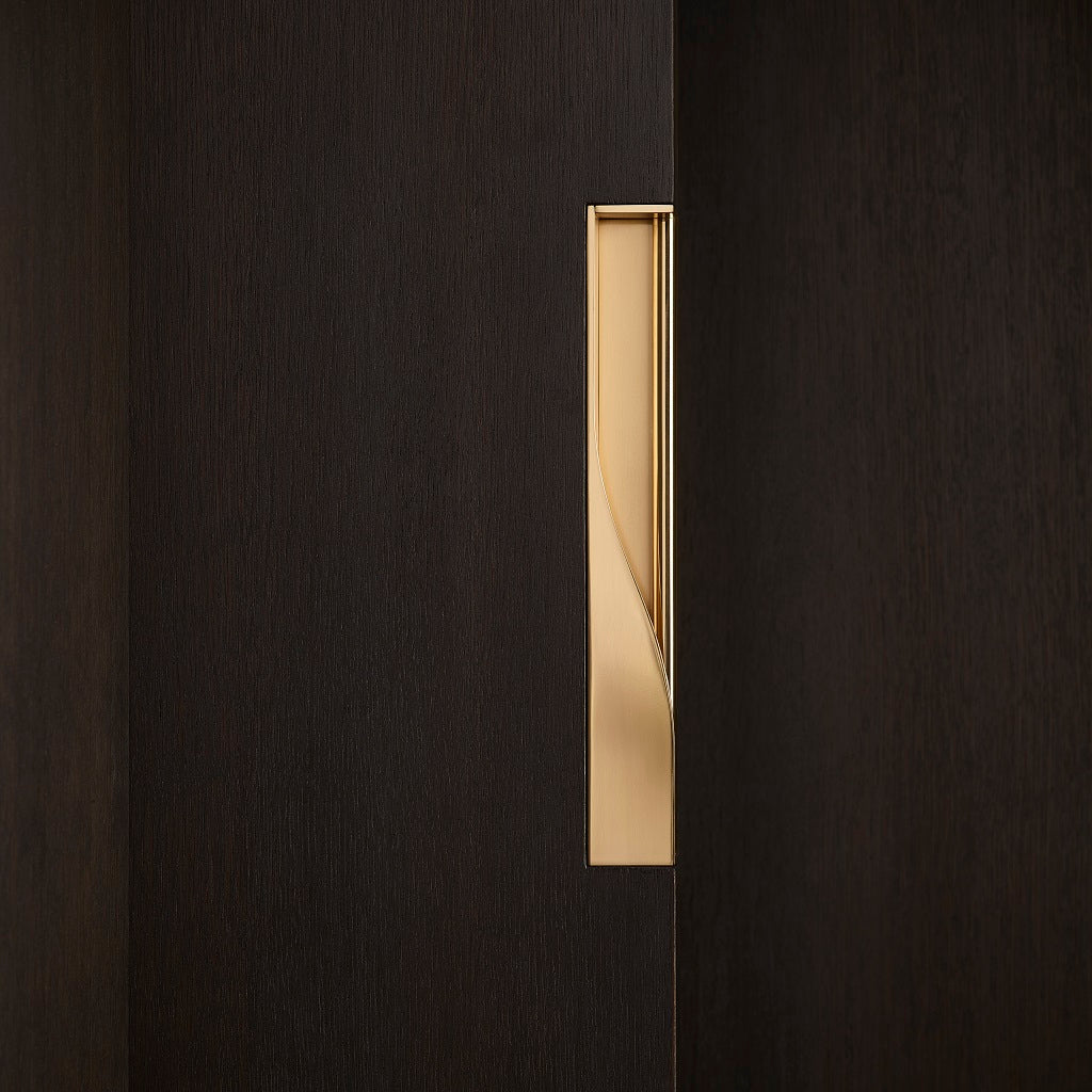 Elegant brass dressing handle on a dark wood door from the side. Beautifully and functionally designed.