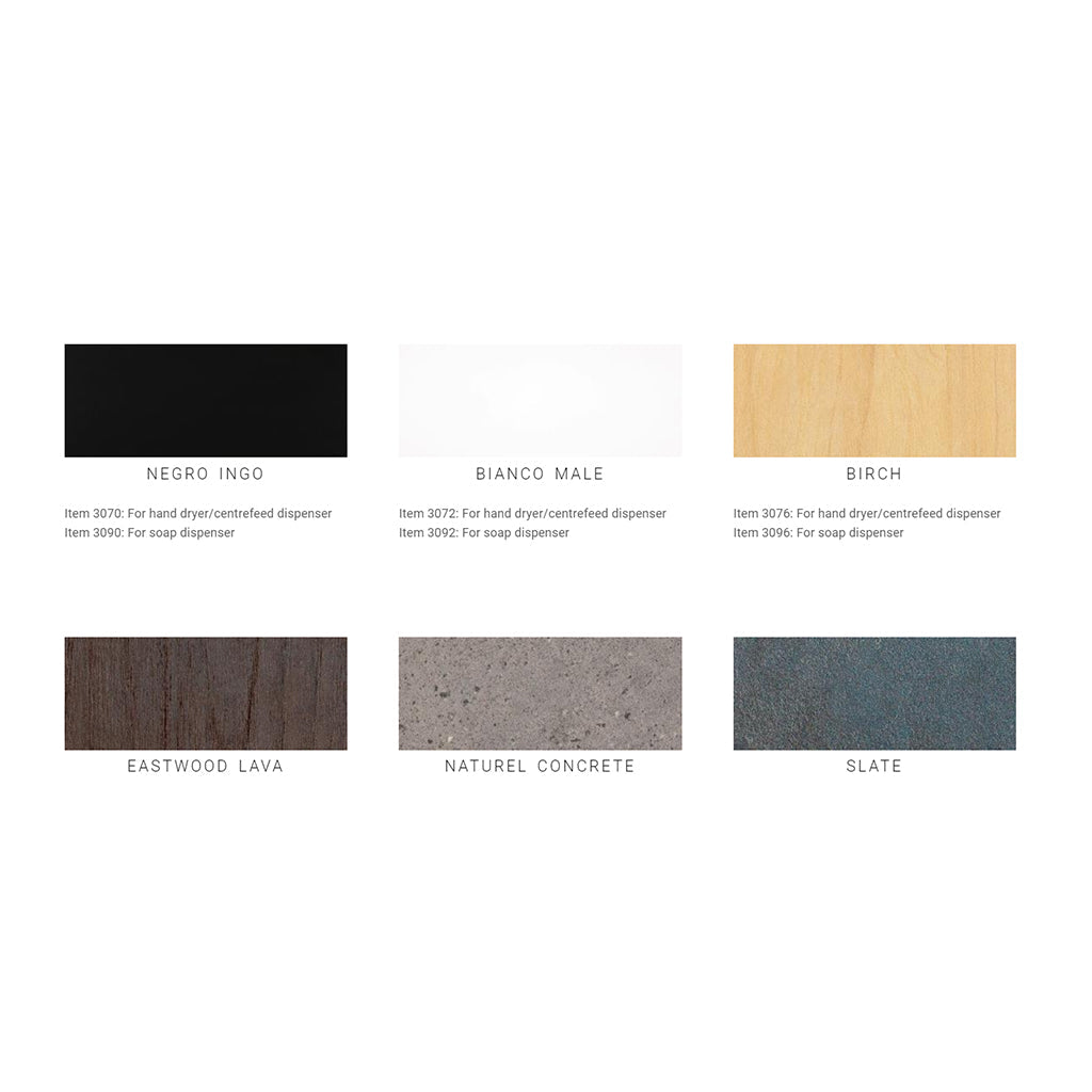 A white background with different colors of wood, enhanced by the sleek design of the Bjork Hand Dryer from Dan Dryer.