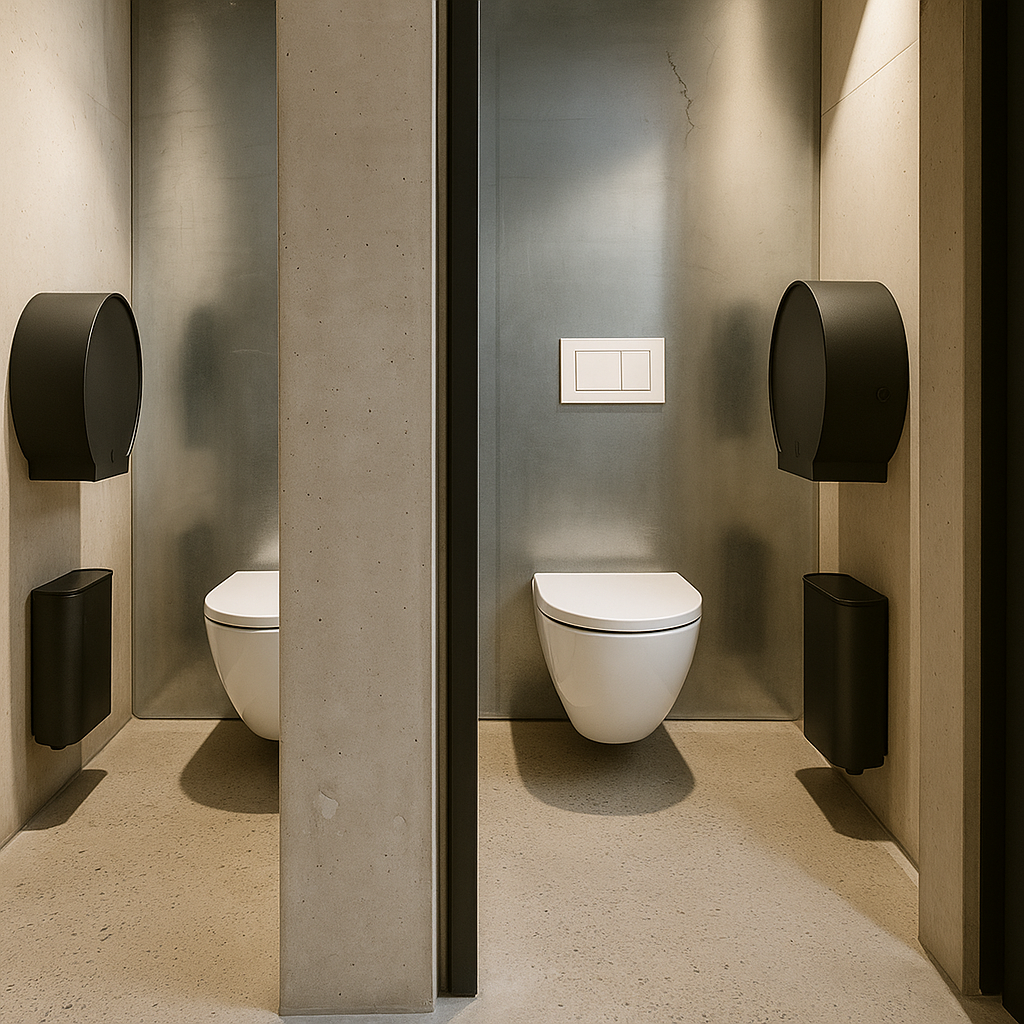 A bathroom with Dan Dryer Bjork jumbo toilet roll holders.