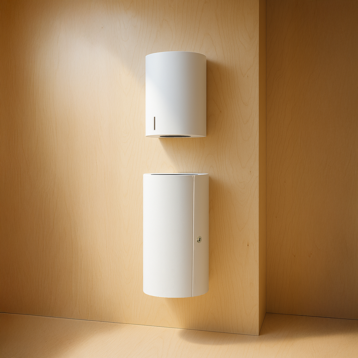 White Dan Dryer Bjork wall-mounted dispenser and waste bin.
