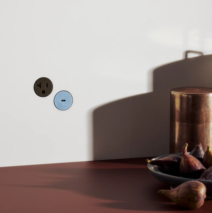 Ice Blue and Carob Brown Bocci22 Flush Wall outlets in a white wall and figs in the foreground.