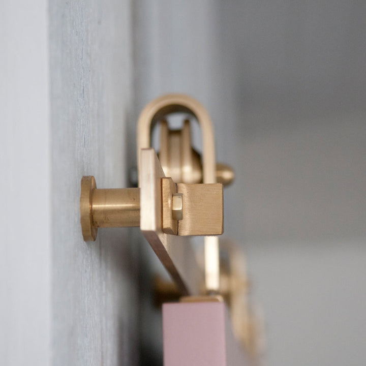 Pink Door with Brass barn door hardware detail