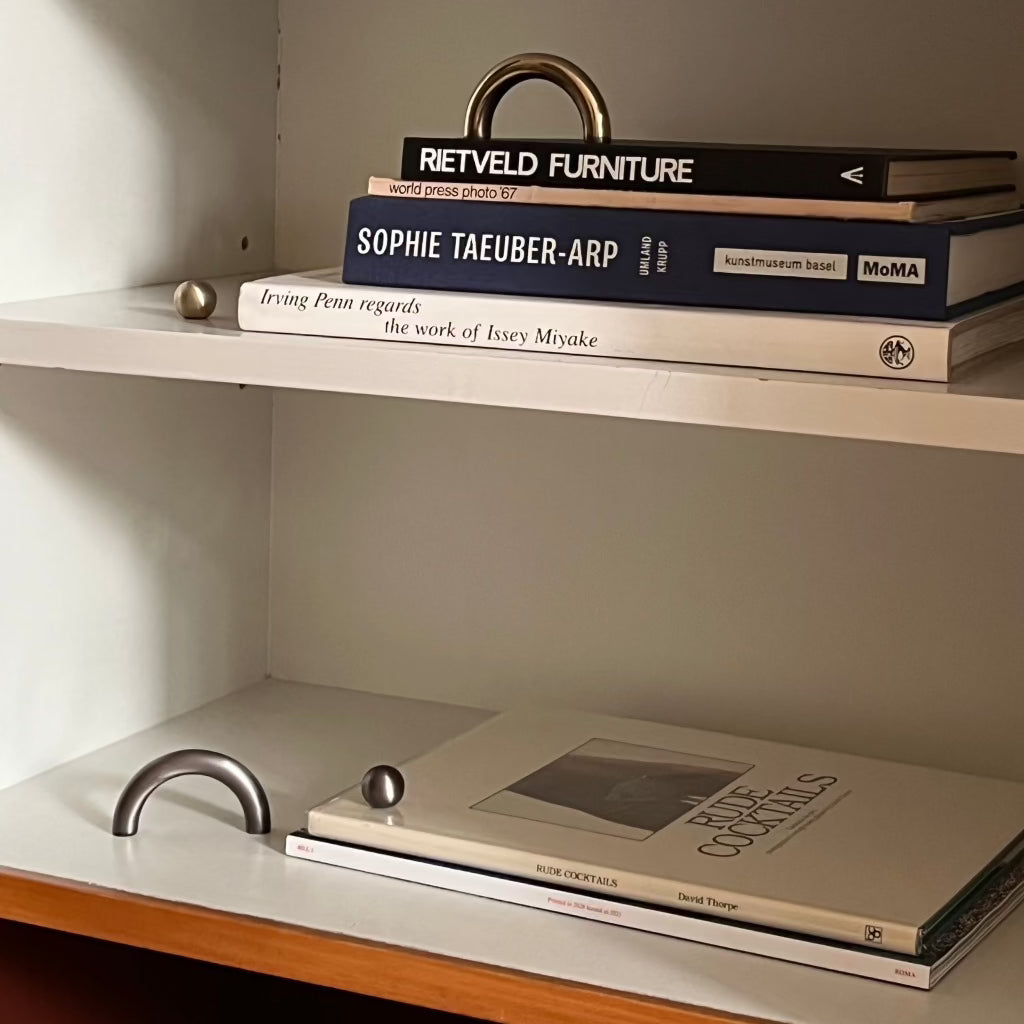 Brass Maha Alavi Cercle thin pull on a shelf with books.