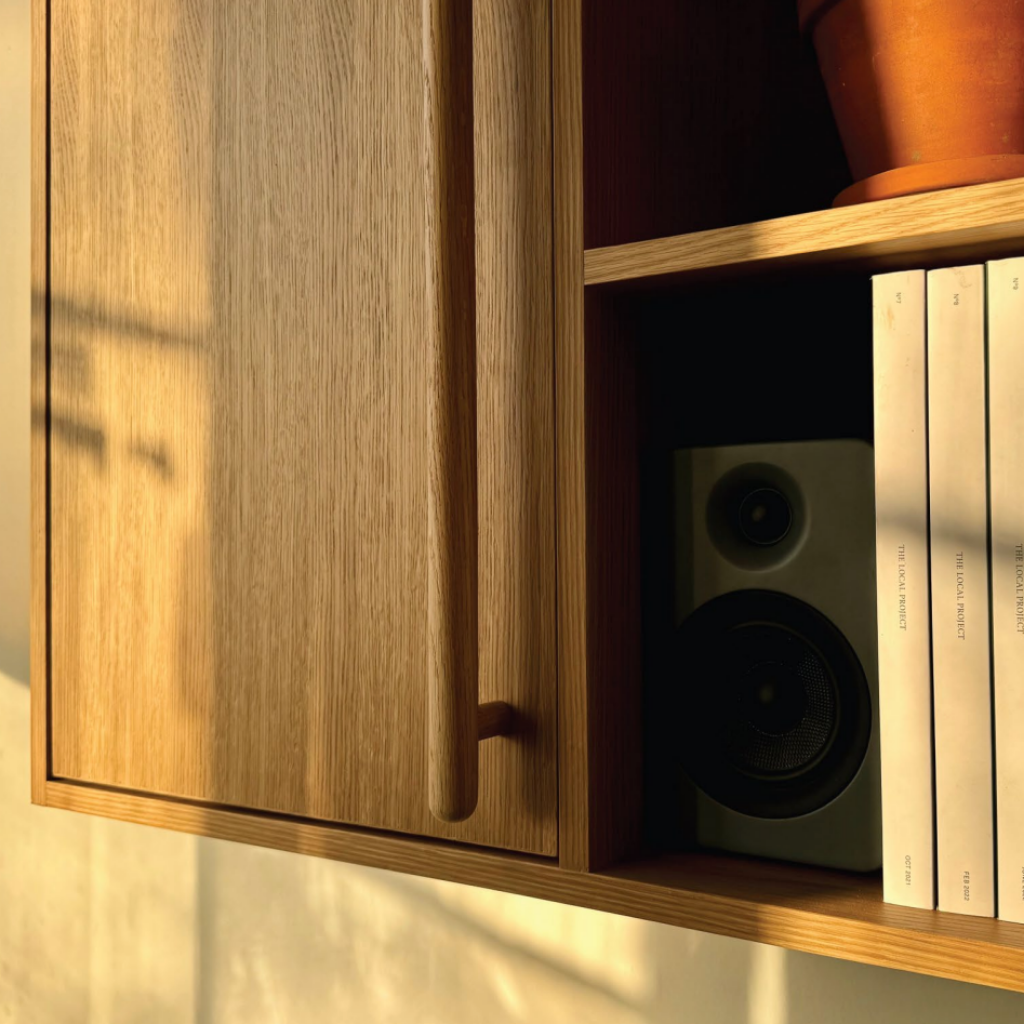 Scandinavian minimalist cabinet handle with a floating look. Solid wood, precisely joined round bar and plinths add warmth, strength, and modern design.