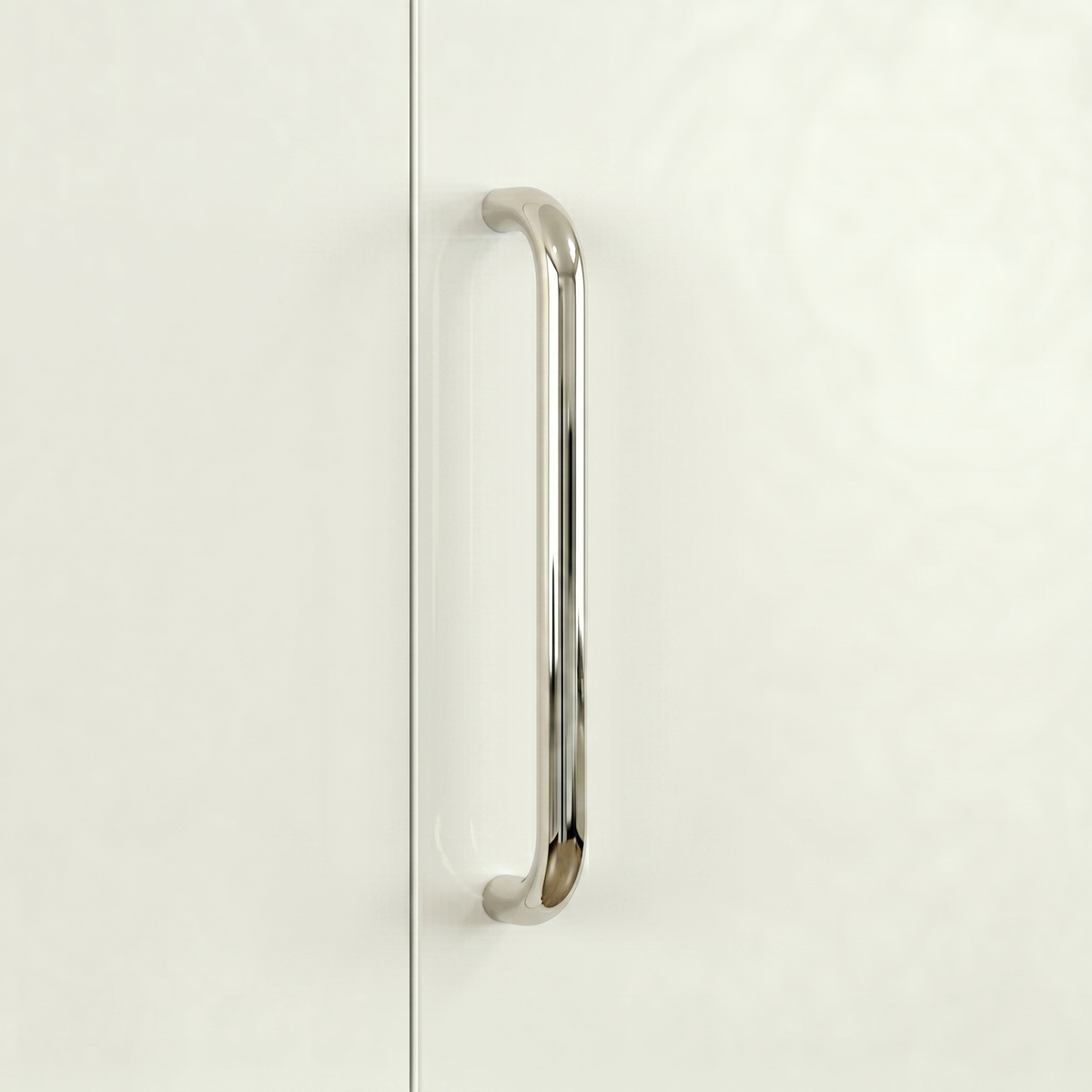 Polished nickel Charlie Radius cabinet and appliance pull, a D-shaped tubular handle with radiused corners, mounted vertically on cabinetry.