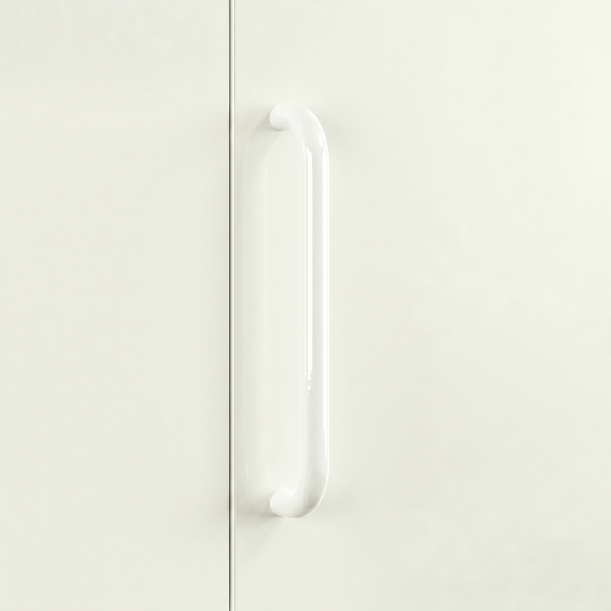 Gloss white Charlie Radius cabinet and appliance pull, a D-shaped tubular handle with radiused corners, mounted vertically on cabinetry.