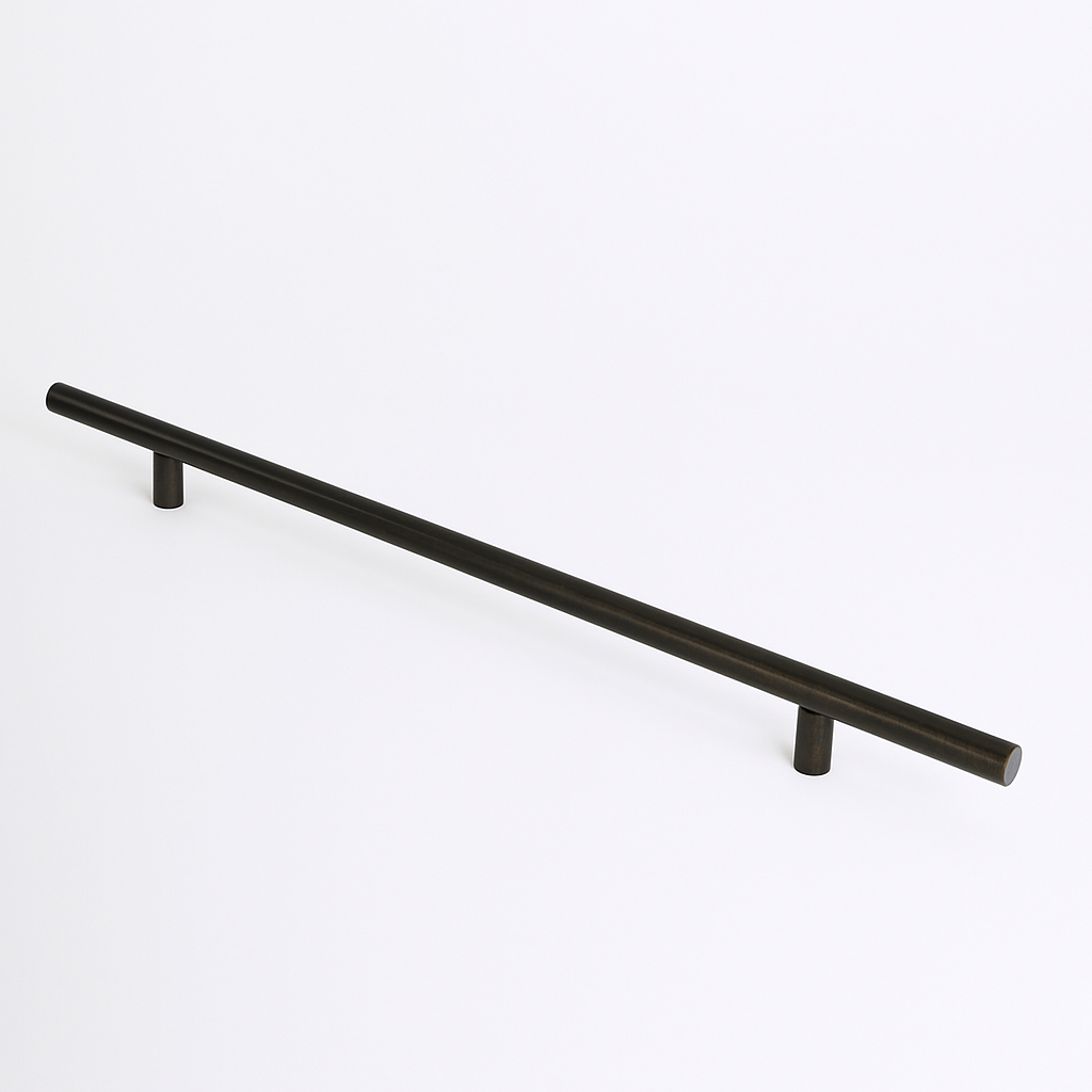 Matte black Charlie Round appliance pull, a round tubular bar on two cylindrical standoffs, mounted on a white surface.