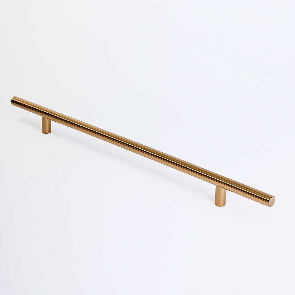 Polished copper Charlie Round appliance pull, a round tubular bar on two cylindrical standoffs, mounted on a white surface.