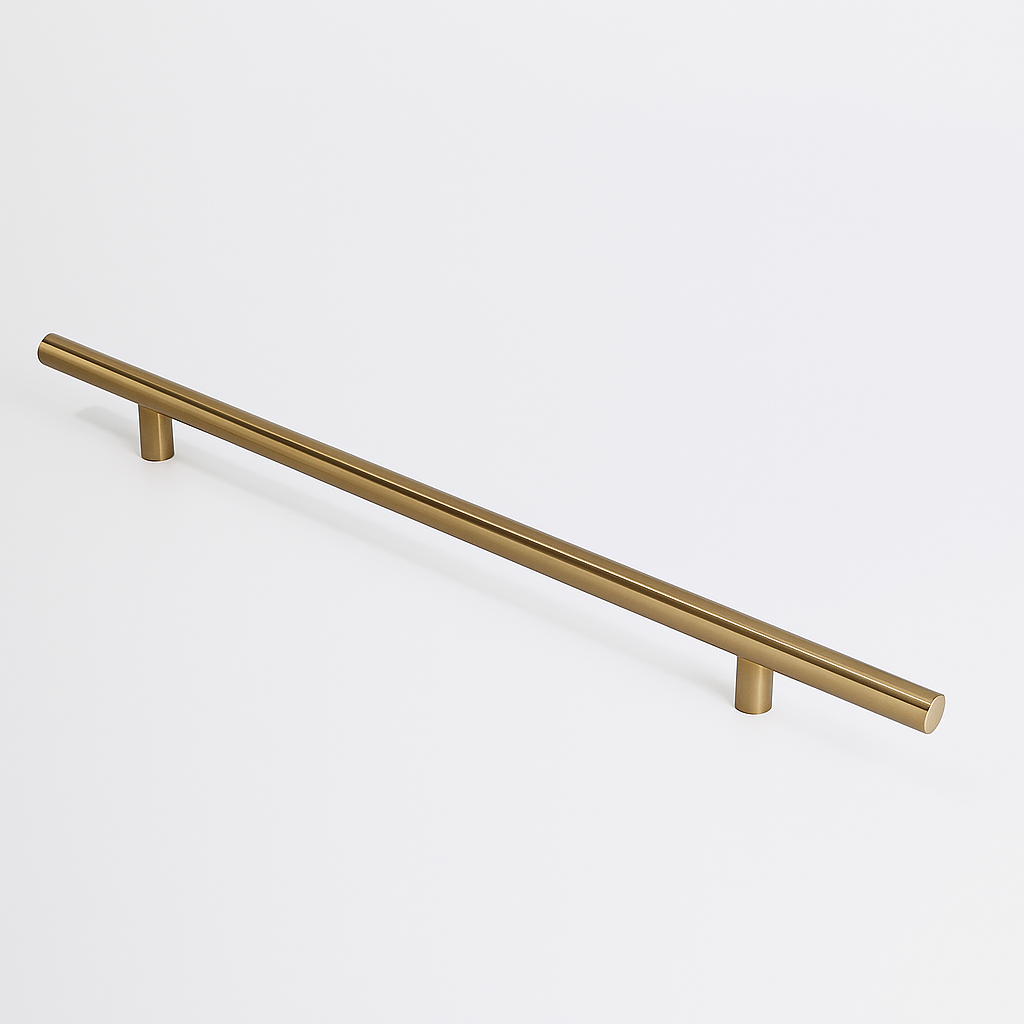 Antique brass Charlie Round appliance pull, a round tubular bar on two cylindrical standoffs, mounted on a white surface.
