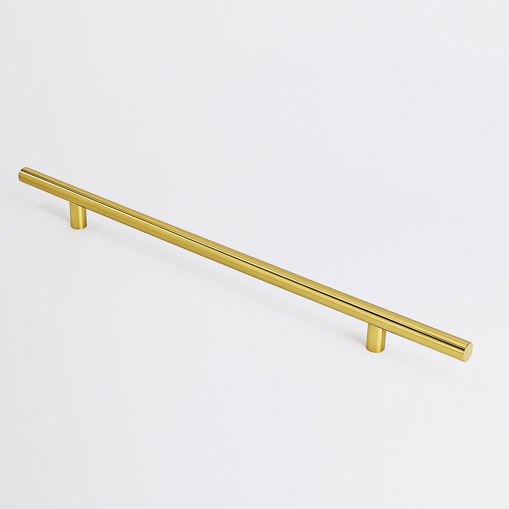 Polished brass Charlie Round appliance pull, a round tubular bar on two cylindrical standoffs, mounted on a white surface.