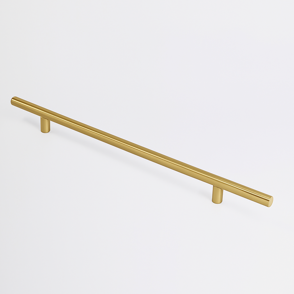 Satin brass Charlie Round appliance pull, a round tubular bar on two cylindrical standoffs, mounted on a white surface.
