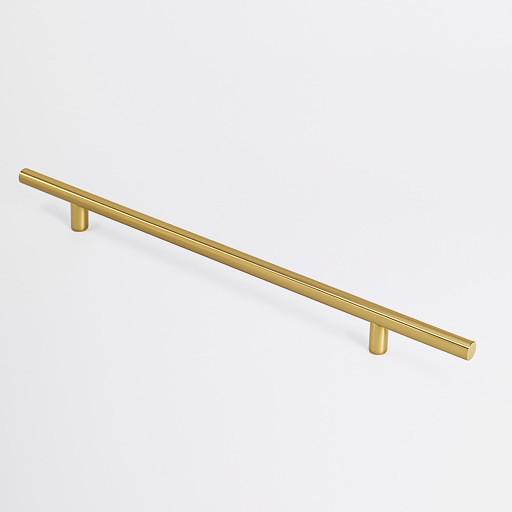 Satin brass Charlie Round appliance pull, a round tubular bar on two cylindrical standoffs, mounted on a white surface.