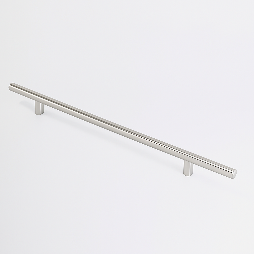 Satin nickel Charlie Round appliance pull, a round tubular bar on two cylindrical standoffs, mounted on a white surface.