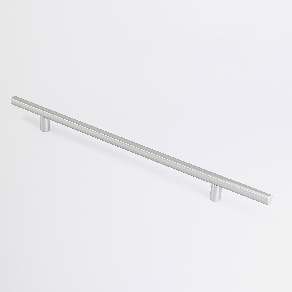 Satin aluminium Charlie Round appliance pull, a round tubular bar on two cylindrical standoffs, mounted on a white surface.