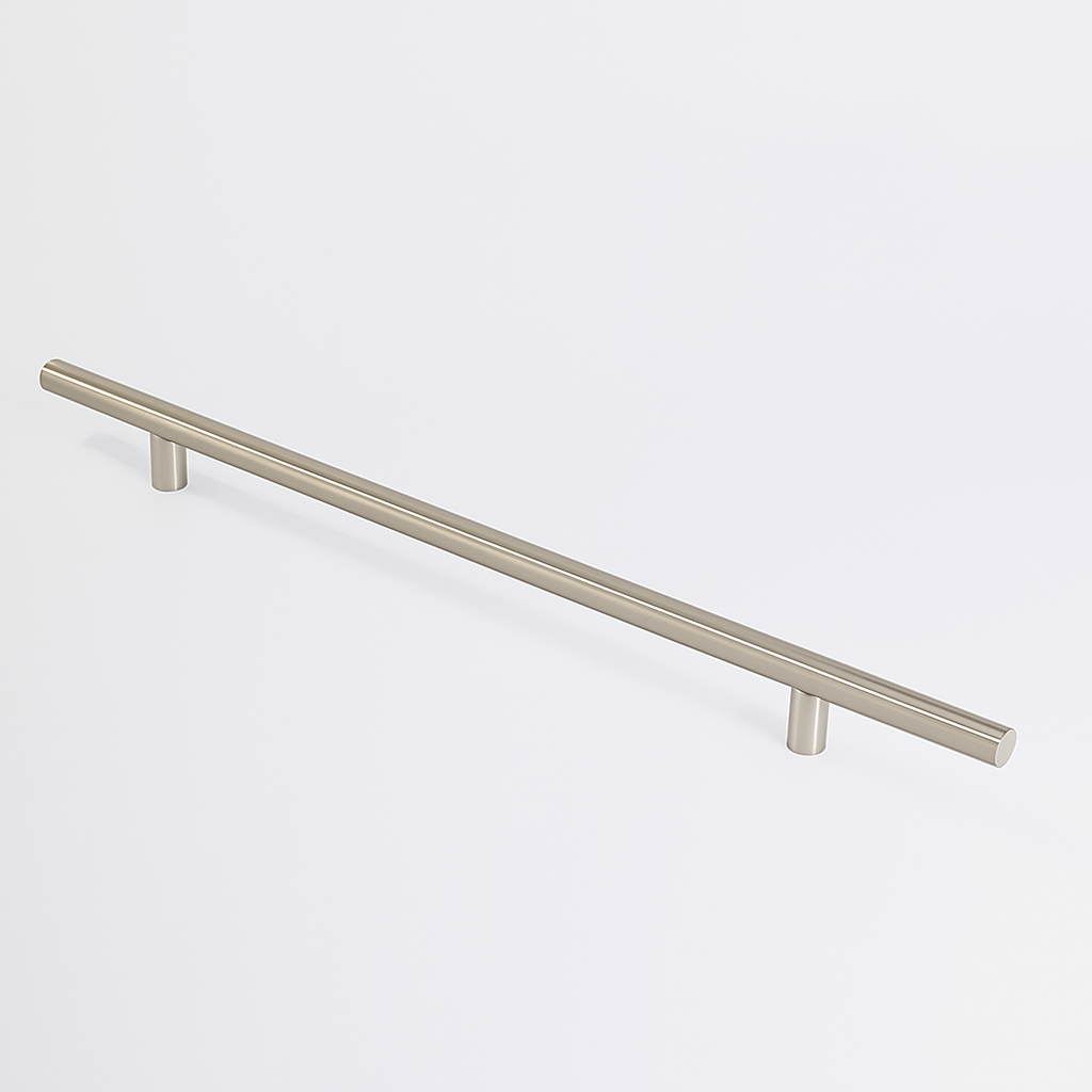 Satin nickel Charlie Round appliance pull, a round tubular bar on two cylindrical standoffs, mounted on a white surface.