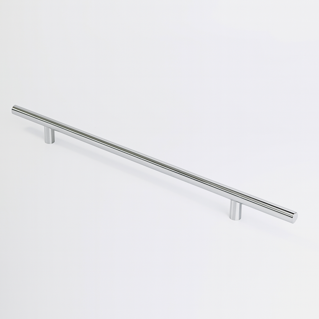 Polished chrome Charlie Round appliance pull, a round tubular bar on two cylindrical standoffs, mounted on a white surface.
