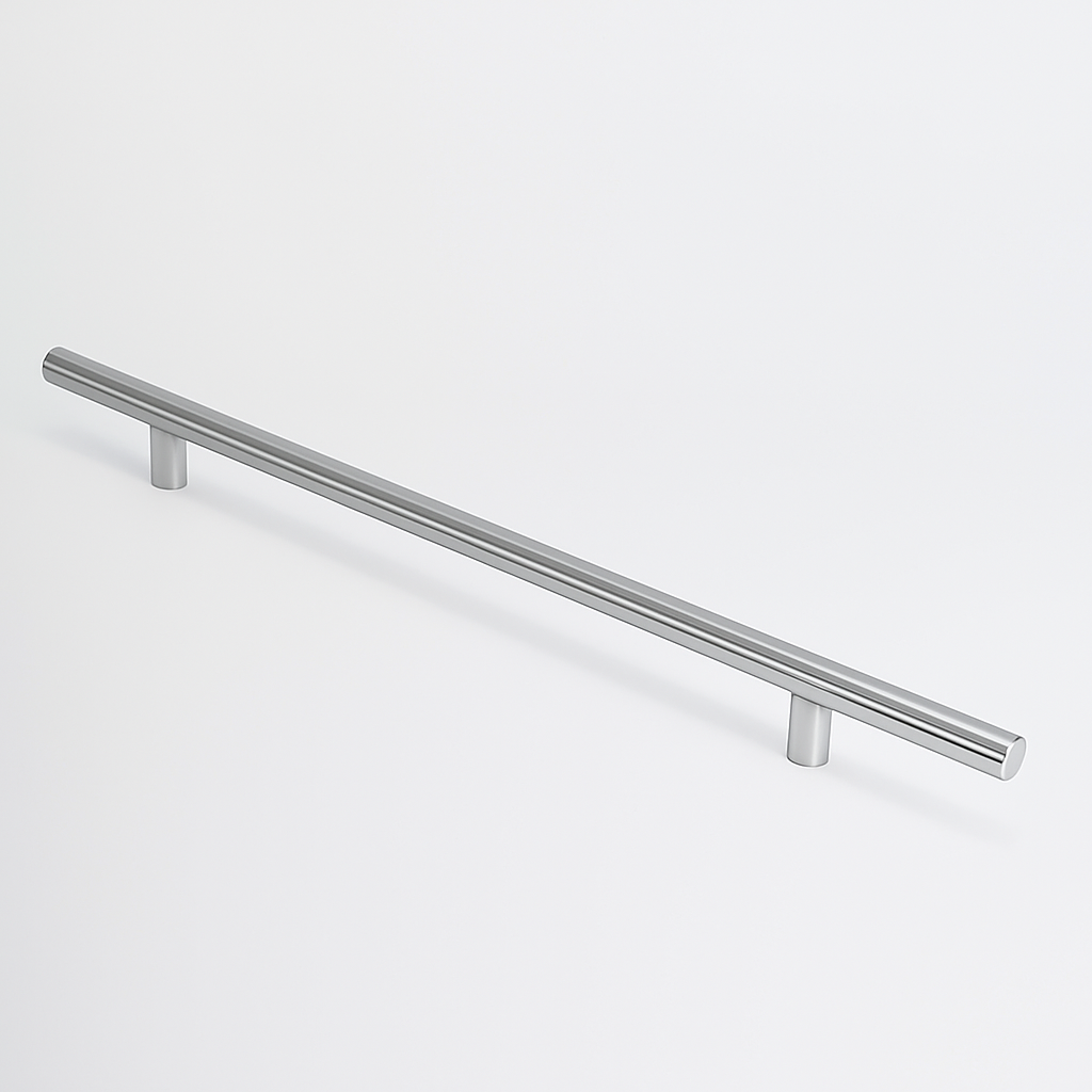 Polished chrome Charlie Round appliance pull, a round tubular bar on two cylindrical standoffs, mounted on a white surface.