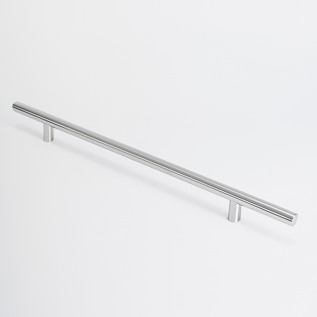 Polished chrome Charlie Round appliance pull, a round tubular bar on two cylindrical standoffs, mounted on a white surface.