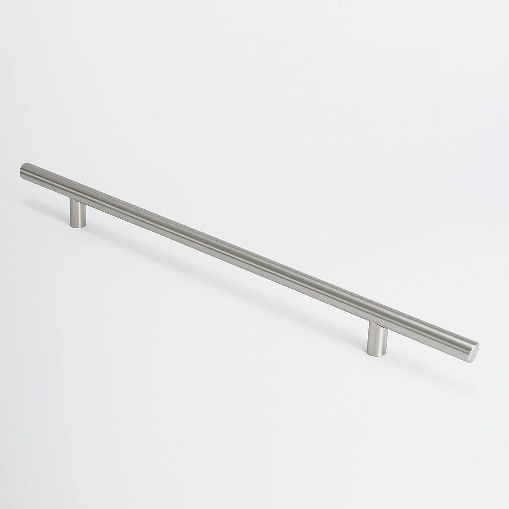 Satin stainless steel Charlie Round appliance pull, a round tubular bar on two cylindrical standoffs, mounted on a white surface.