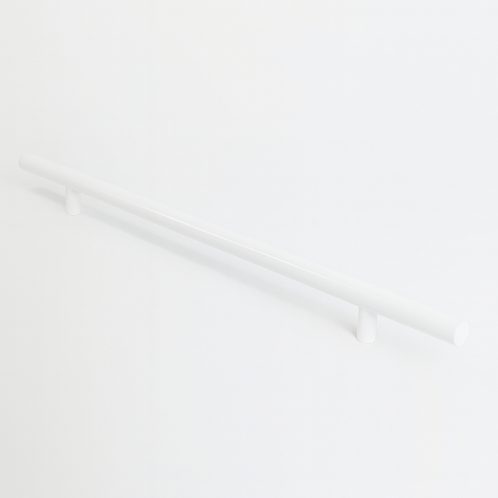Gloss white Charlie Round appliance pull, a round tubular bar on two cylindrical standoffs, mounted on a white surface.