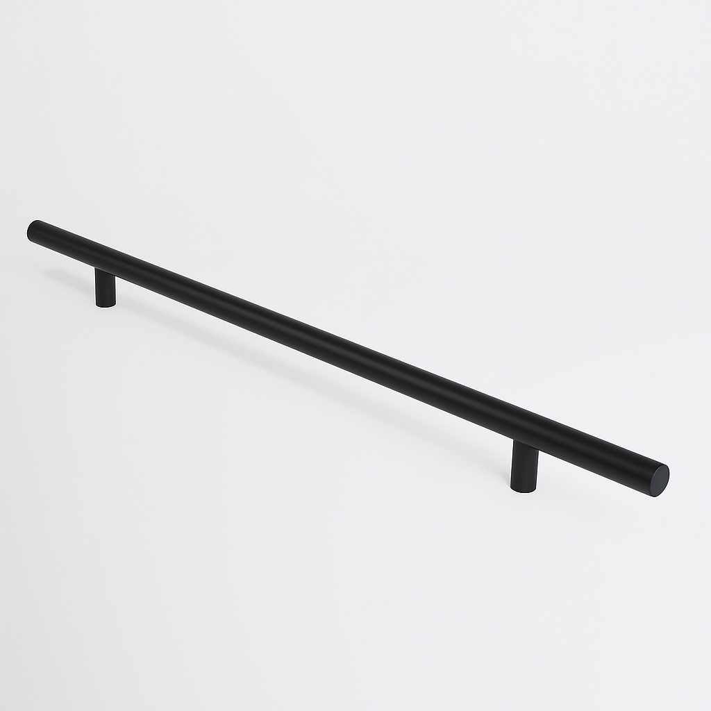 Matte black Charlie Round appliance pull, a round tubular bar on two cylindrical standoffs, mounted on a white surface.