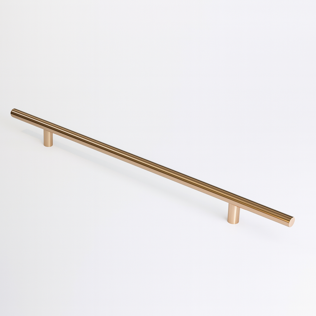 Satin copper Charlie Round appliance pull, a round tubular bar on two cylindrical standoffs, mounted on a white surface.