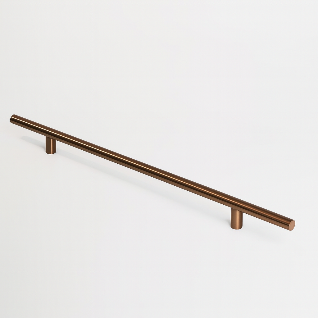 Antique copper Charlie Round appliance pull, a round tubular bar on two cylindrical standoffs, mounted on a white surface.