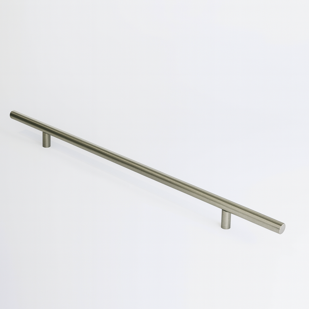 Pewter Charlie Round appliance pull, a round tubular bar on two cylindrical standoffs, mounted on a white surface.