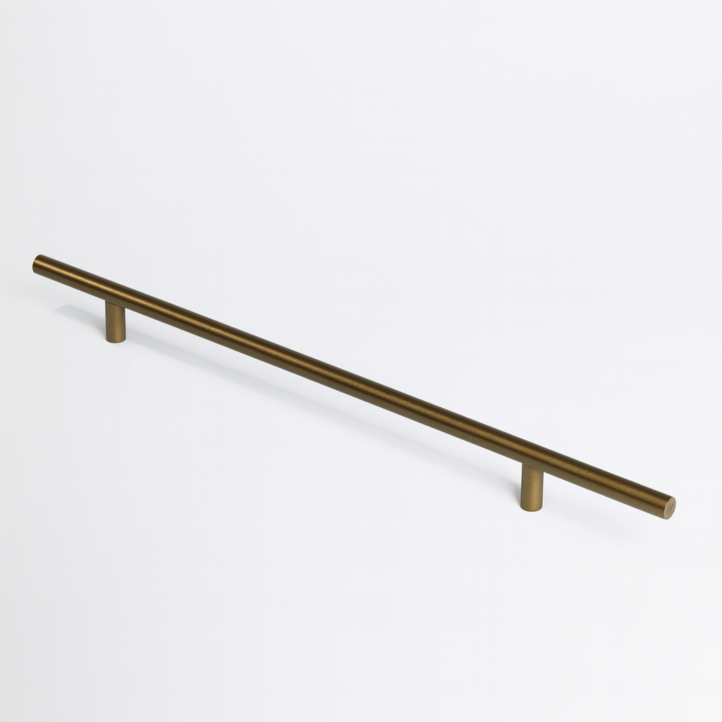 Antique bronze Charlie Round appliance pull, a round tubular bar on two cylindrical standoffs, mounted on a white surface.