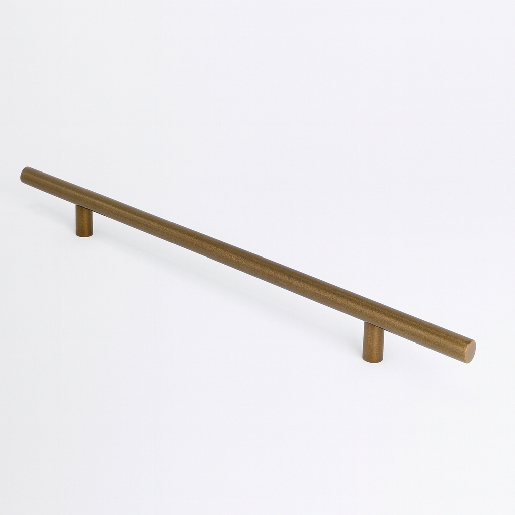 Antique bronze Charlie Round appliance pull, a round tubular bar on two cylindrical standoffs, mounted on a white surface.