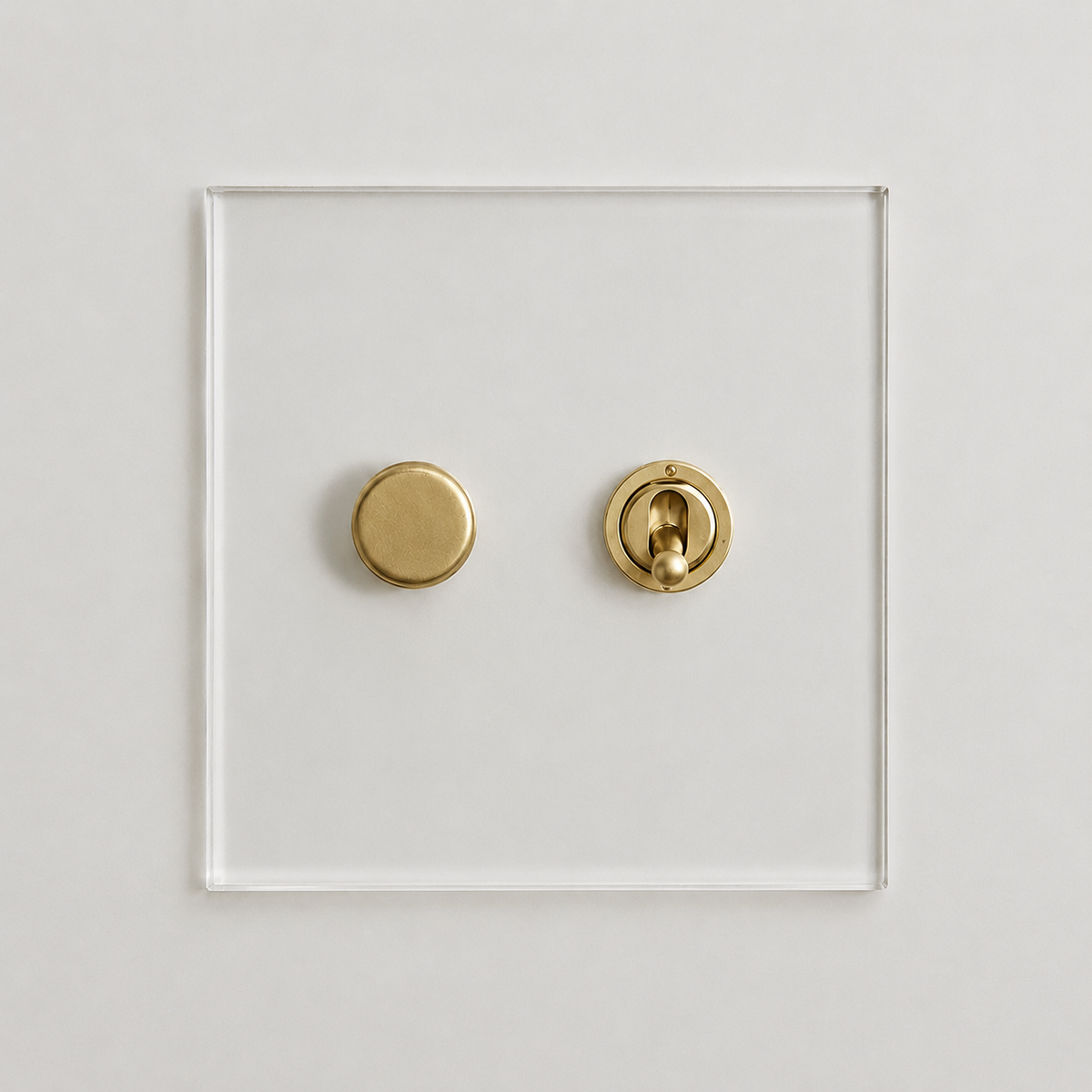 Forbes & Lomax combination rotary dimmer and toggle switch with invisible backplate and unlacquered brass components.