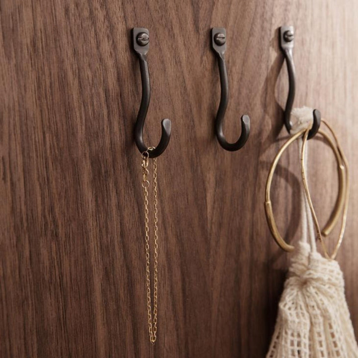 Curvature Hooks, set of 3, blackened brass finish. Wall mounted.