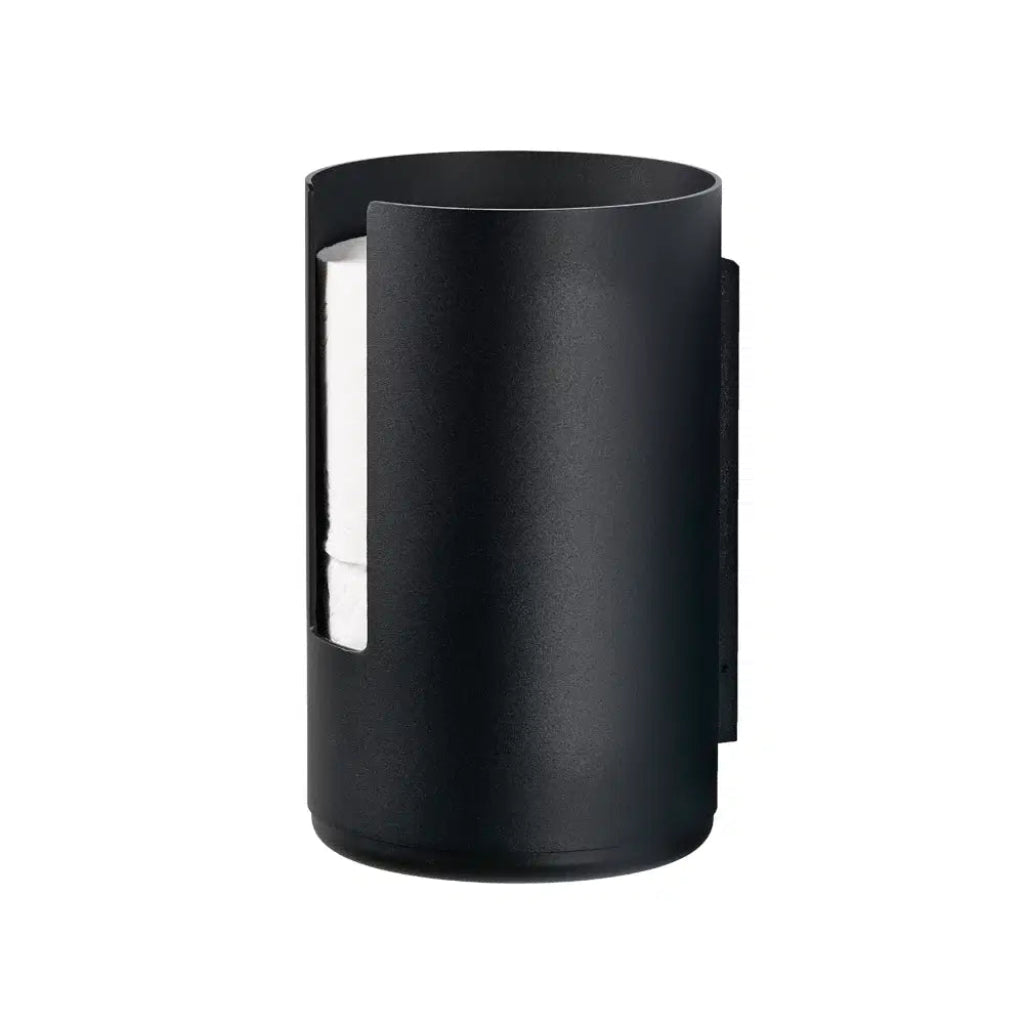 Cylindrical black toilet paper roll holder on white background