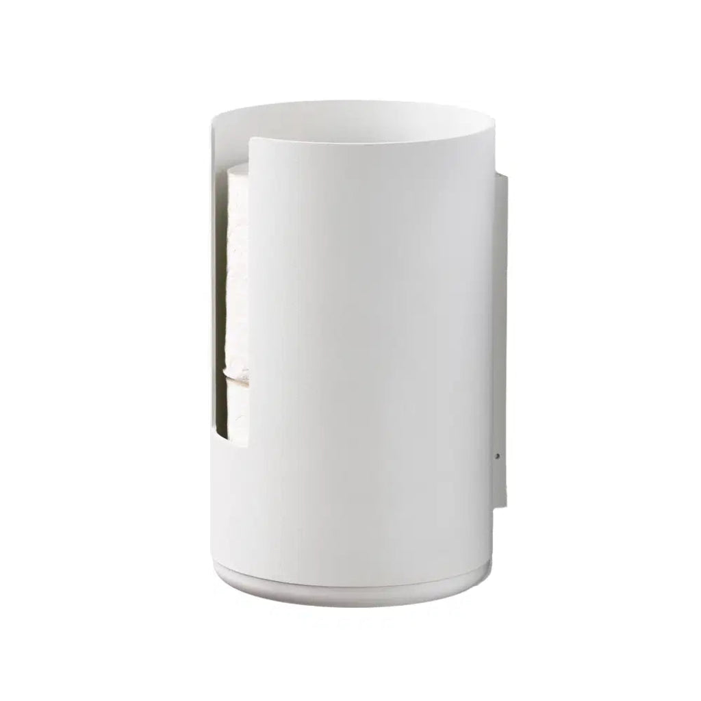 Cylindrical white toilet paper roll holder on white background
