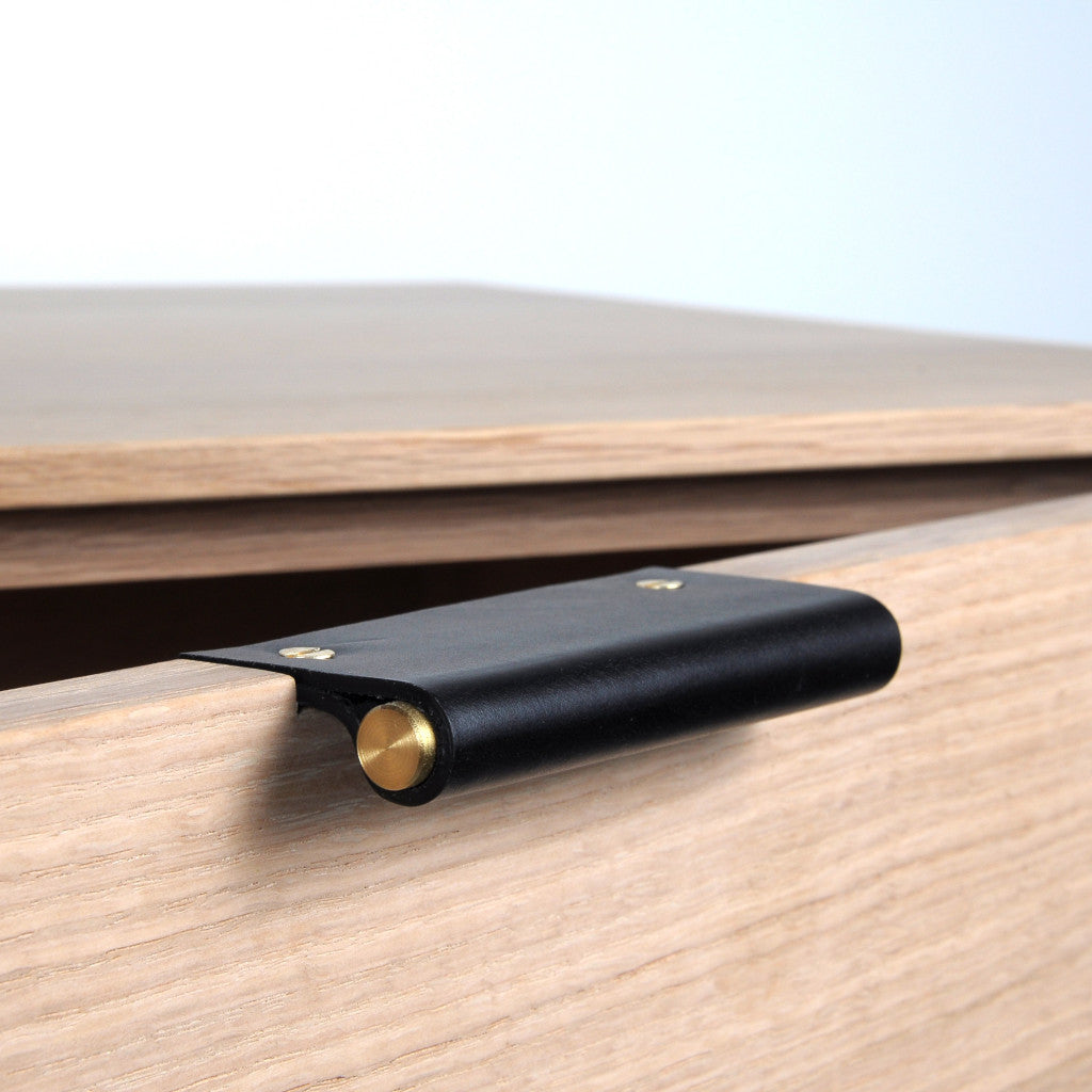 Black Leather Cabinet Tab Handle with brass metal rod insert