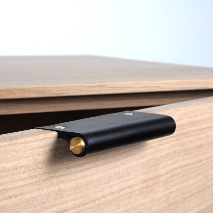Black Leather Cabinet Tab Handle with brass metal rod insert