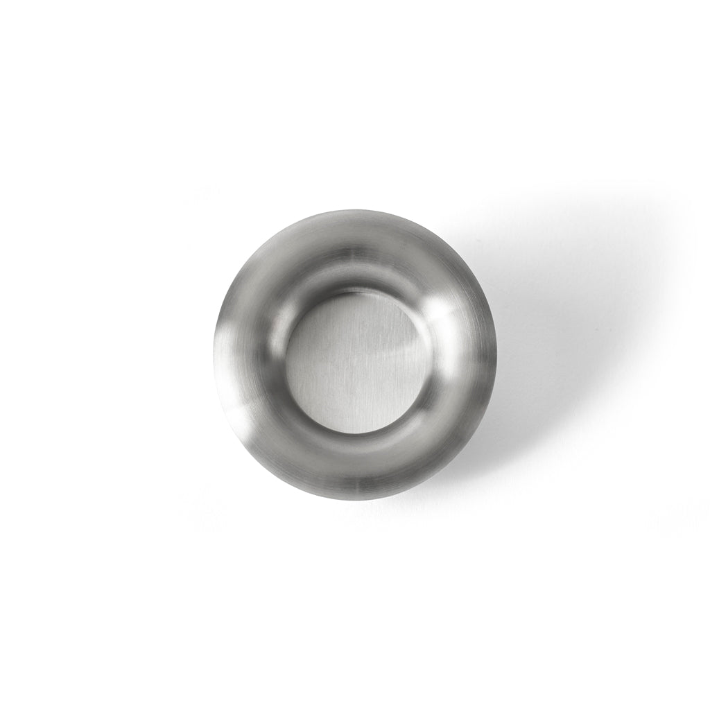 FAT Satin Stainless Steel Flush Pull Handle Round, flat lay on white background. Designed by Tom Dixon for d line.