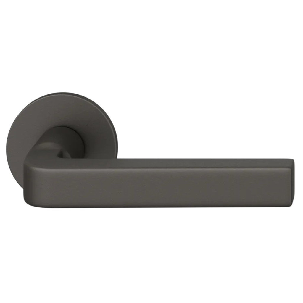 Dark bronze anodized FSB 1004 door lever, a square-grip lever with an angled bend, on a round rose.