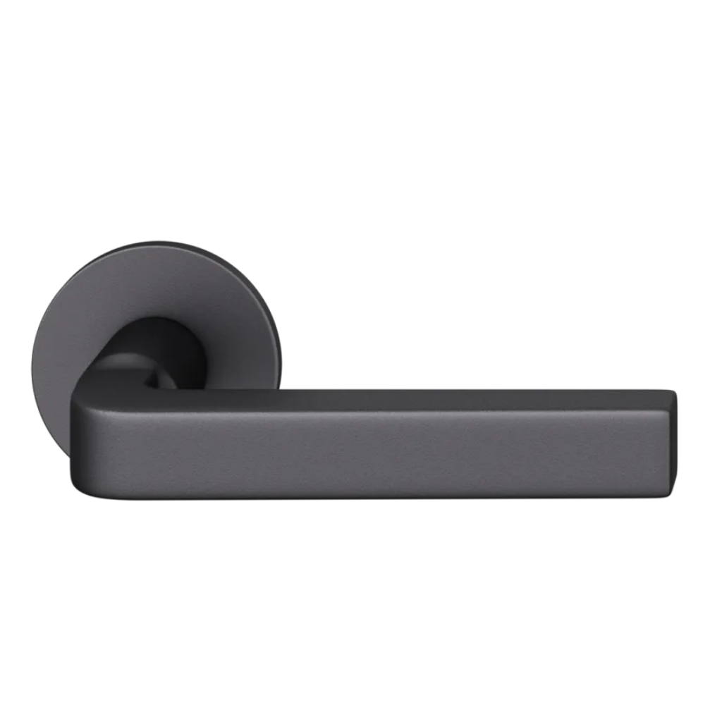 Black anodized FSB 1004 door lever, a square-grip lever with an angled bend, on a round rose.