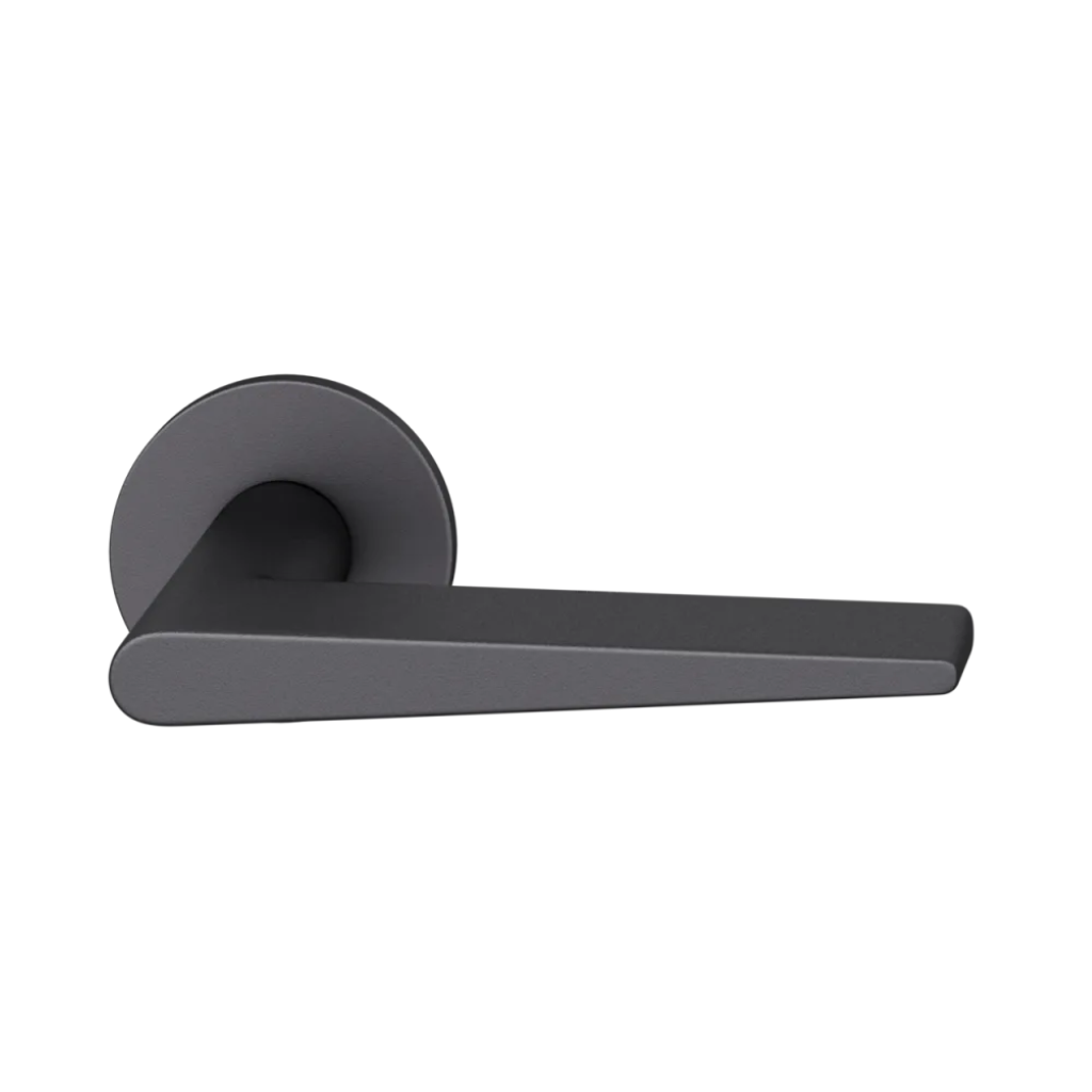 Black anodized FSB 1005 door lever, a wedge-profile lever on a round rose.