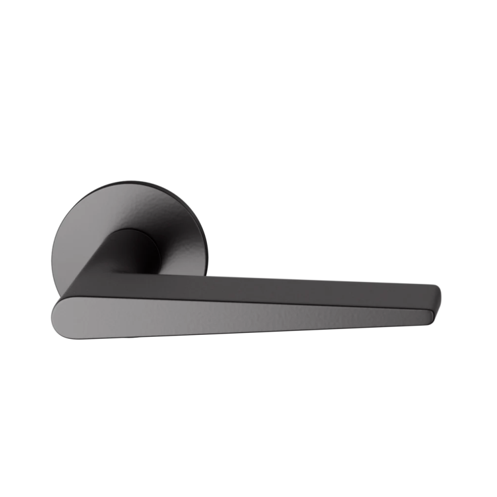 Black powder coat FSB 1005 door lever, a wedge-profile lever on a round rose.