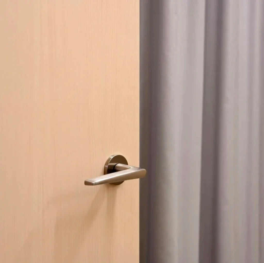 FSB 1005 lever on a pale timber door at the UdK rehearsal pavilions, Berlin, showing the wedge form in situ.