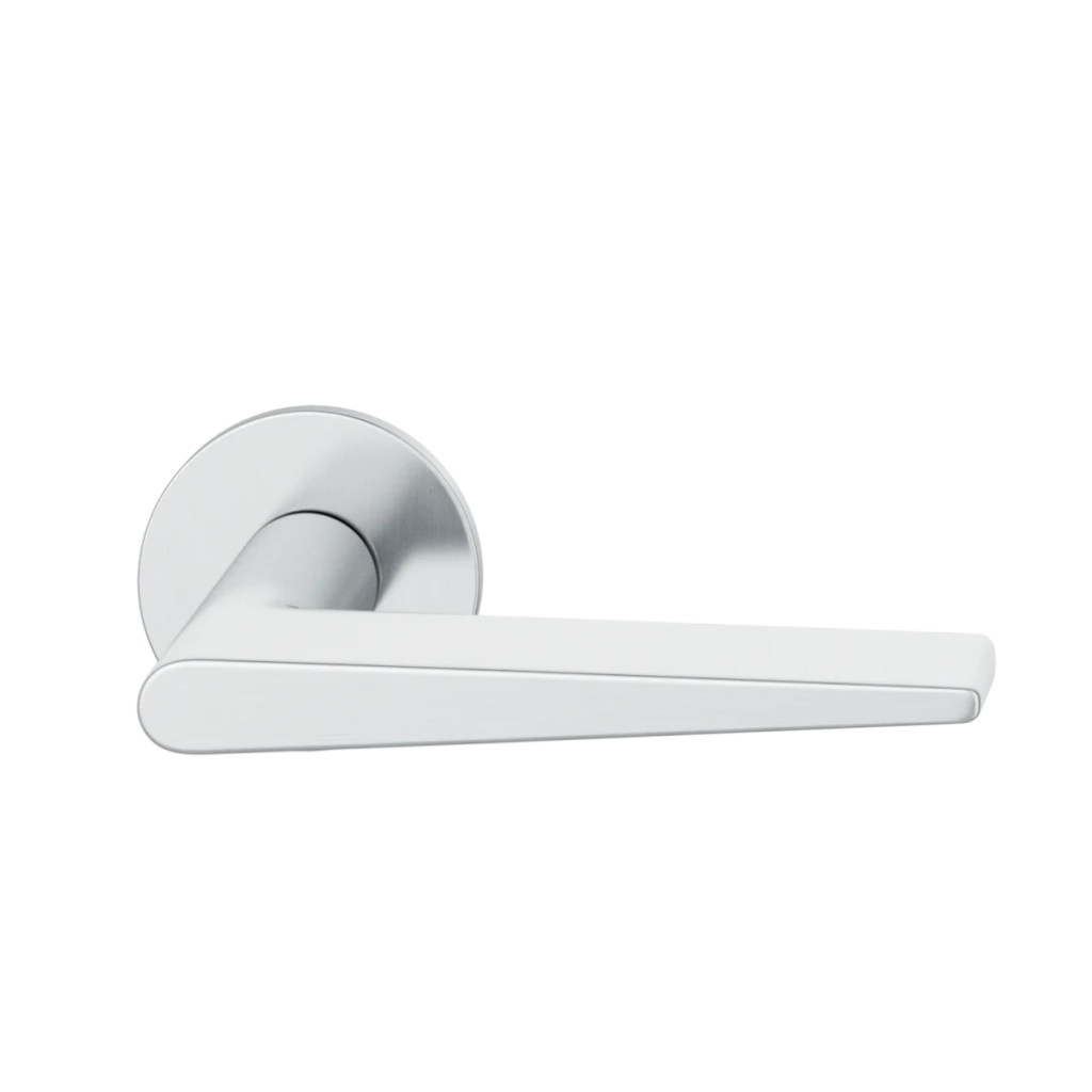 Satin stainless steel FSB 1005 door lever, a wedge-profile lever on a round rose.