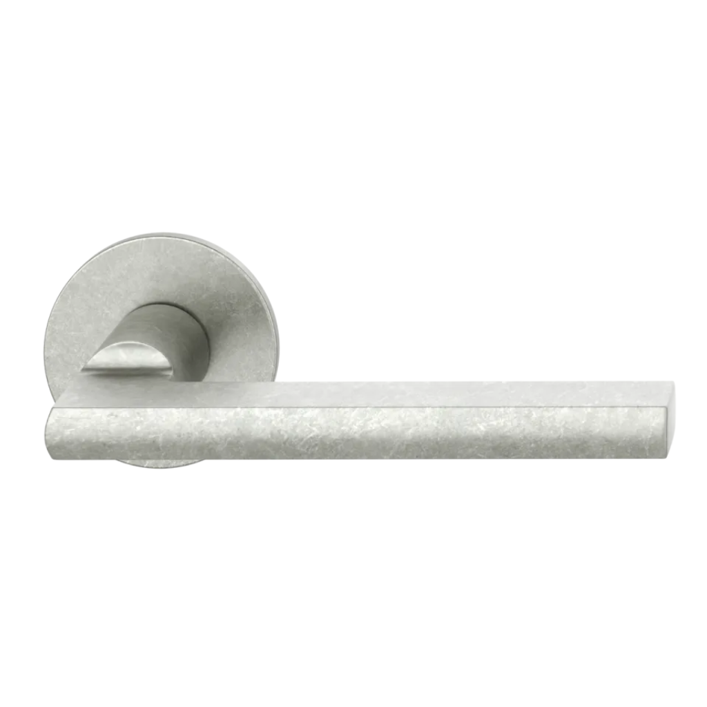 Aluminum pure natural FSB 1035 door lever, a flattened round-bar lever on a round rose.