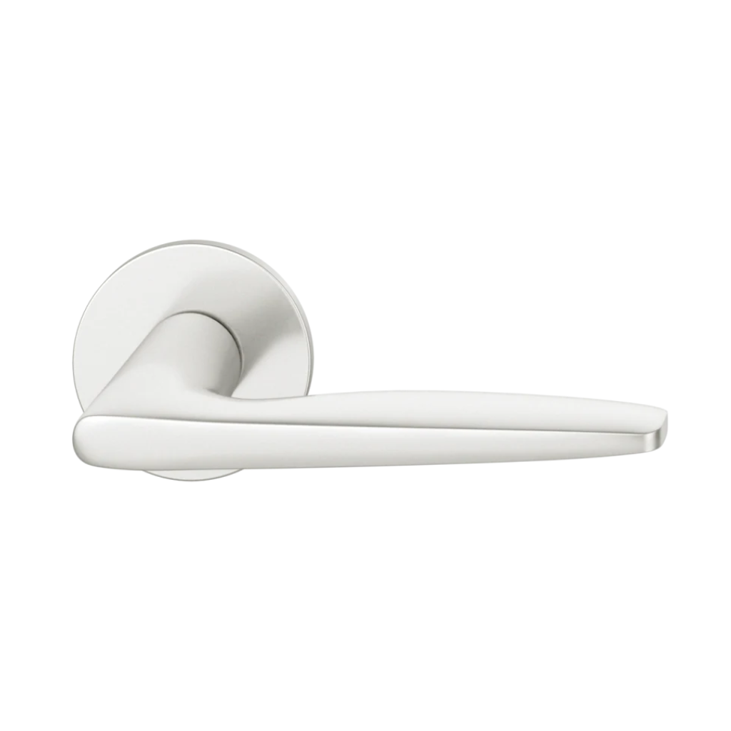 Natural anodized aluminum FSB 1058 door lever, a tapered lever with a flowing silhouette, on a round rose.